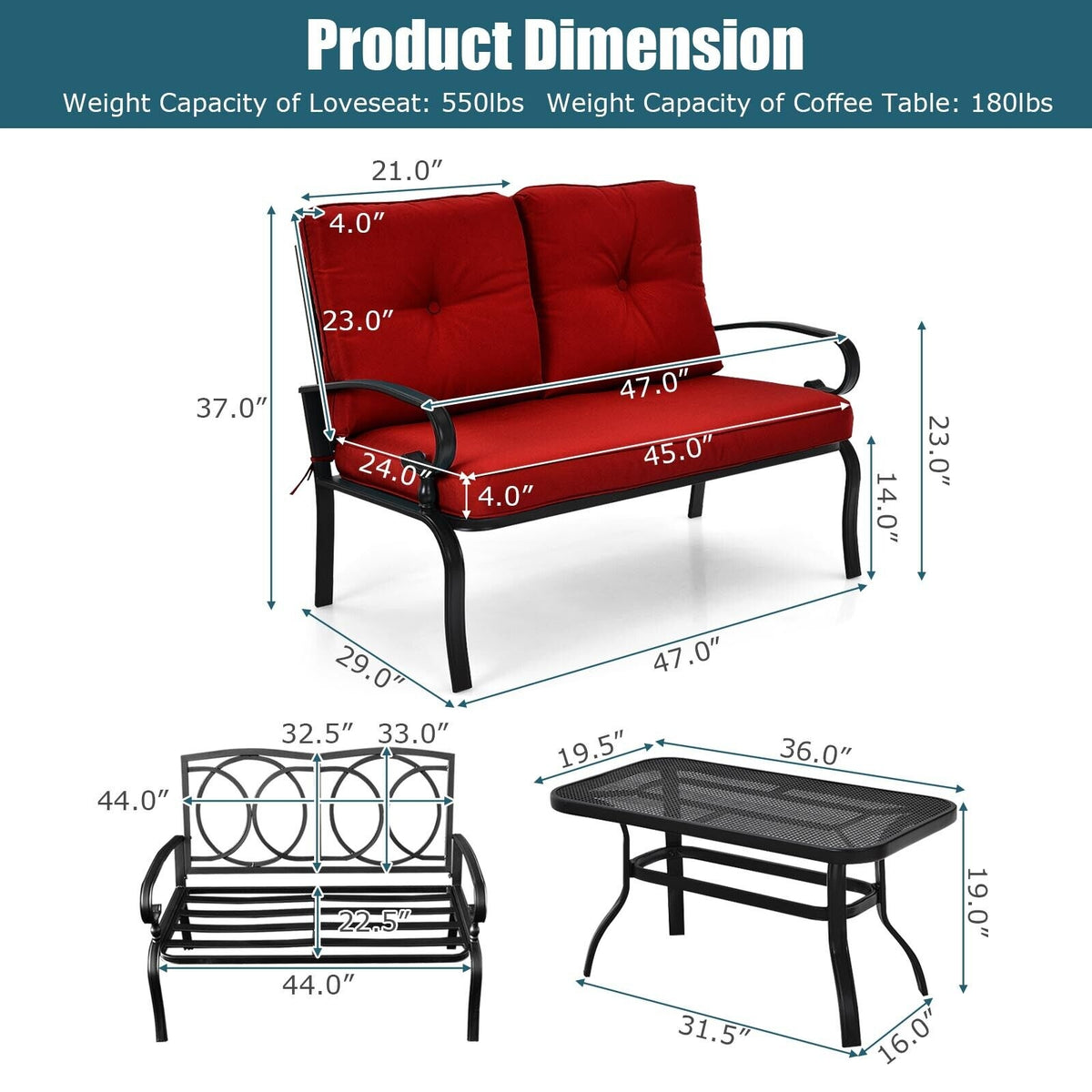 2-Piece Patio Loveseat Set with Cushions and Coffee Table