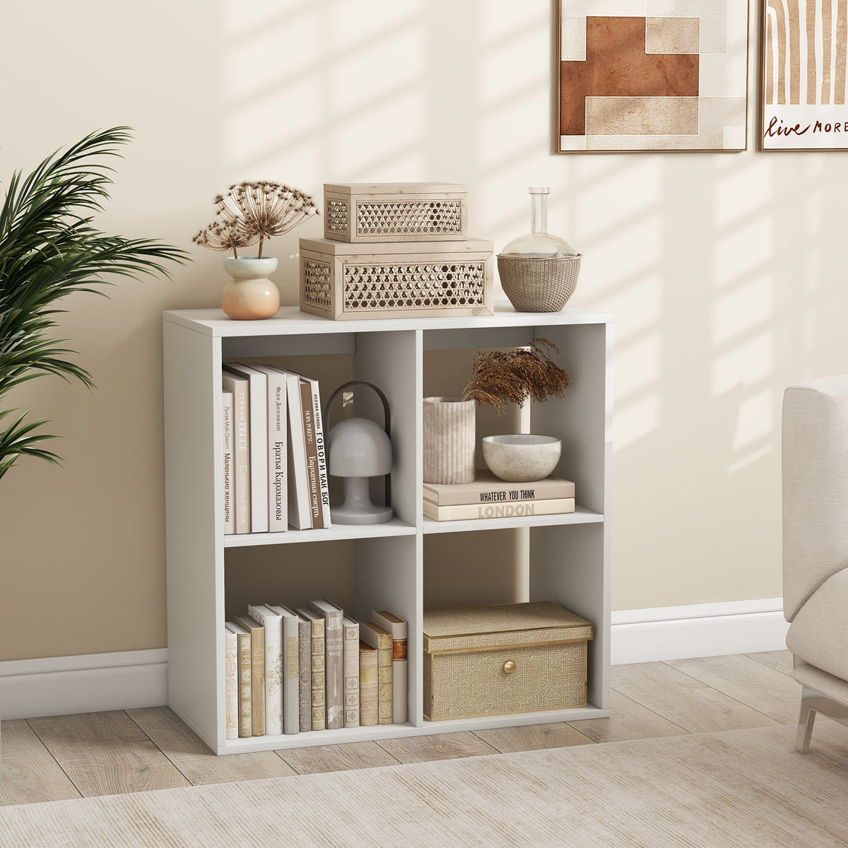 4 Cube Bookshelf with Back Guardrail for Living Room Bedroom