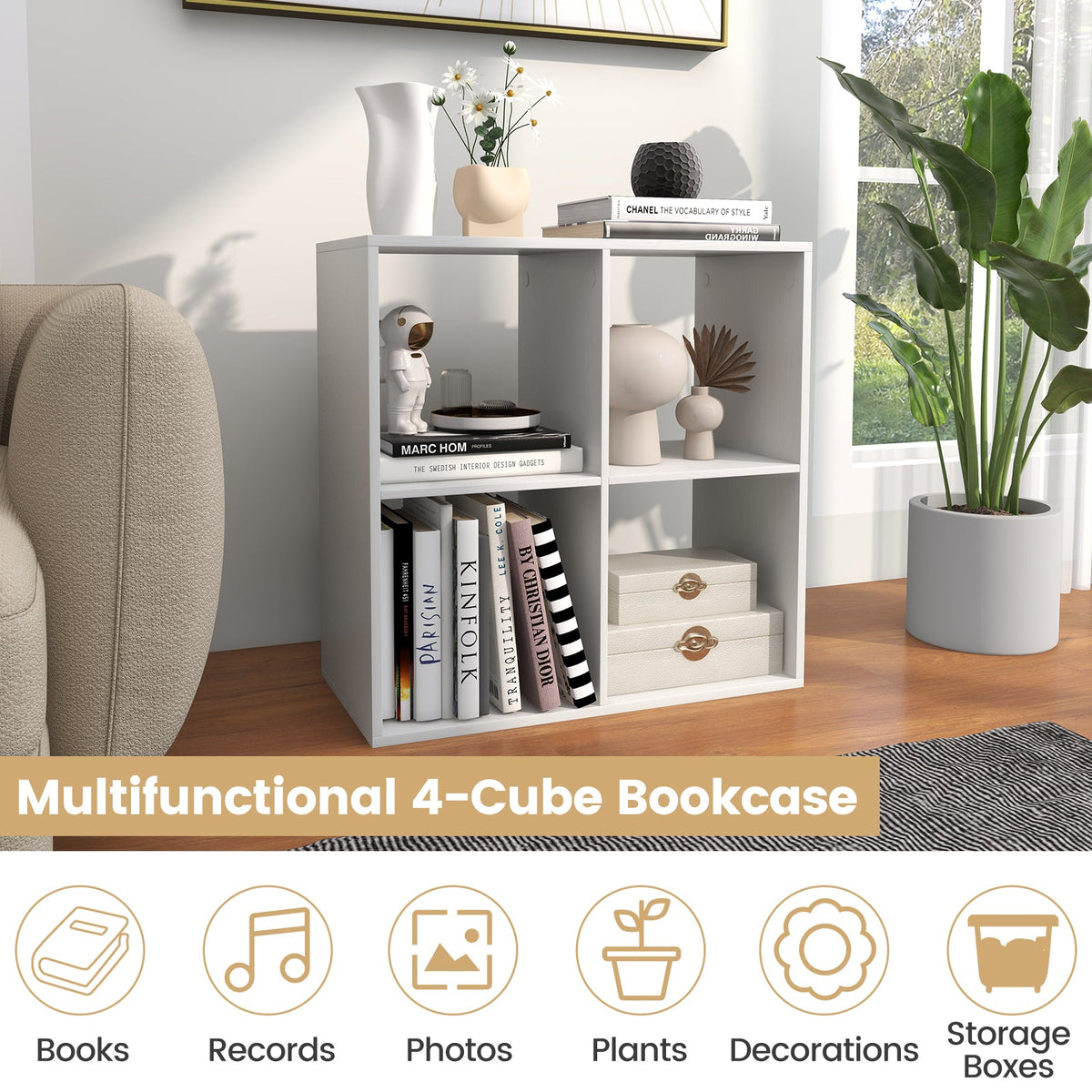 4 Cube Bookshelf with Back Guardrail for Living Room Bedroom