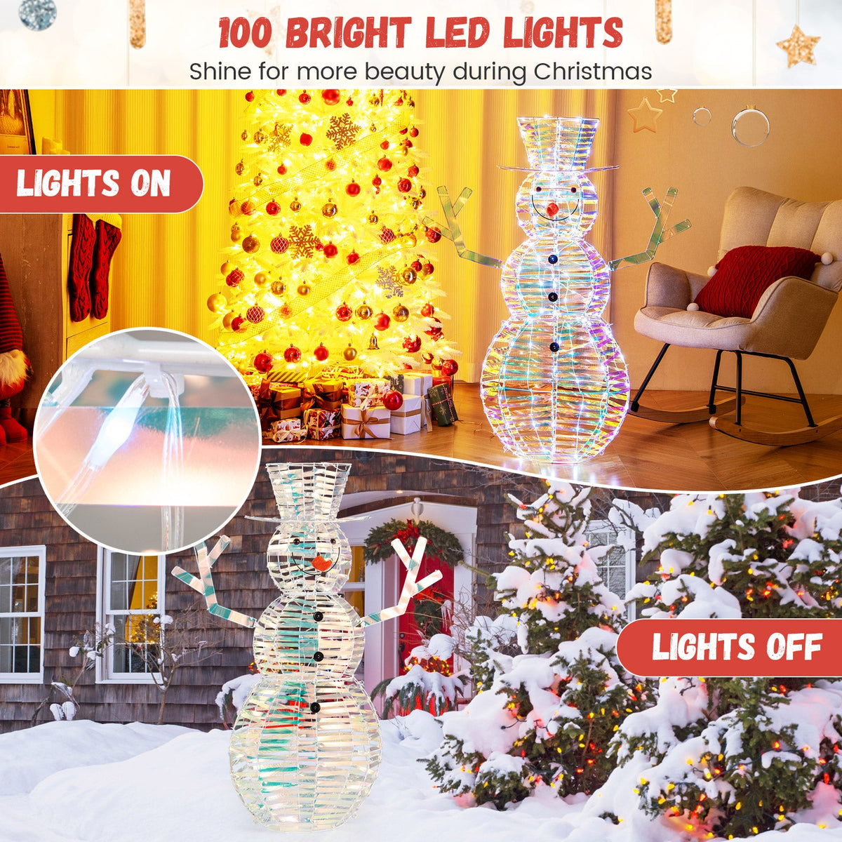 4 Feet Iridescent Christmas Snowman with White LED Lights and Ground Stakes
