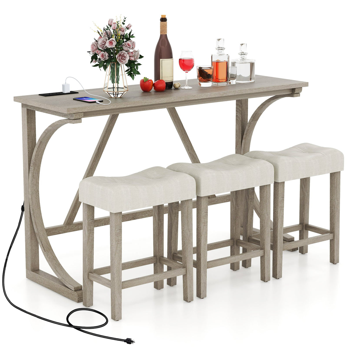 4-Piece Bar Table Set with Power Outlet and Upholstered Saddle Seat Stools-Grey and Beige