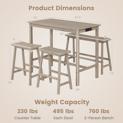 4-Piece Counter Height Dining Table Set with Power Outlet Solid Rubber Wood Kitchen Table