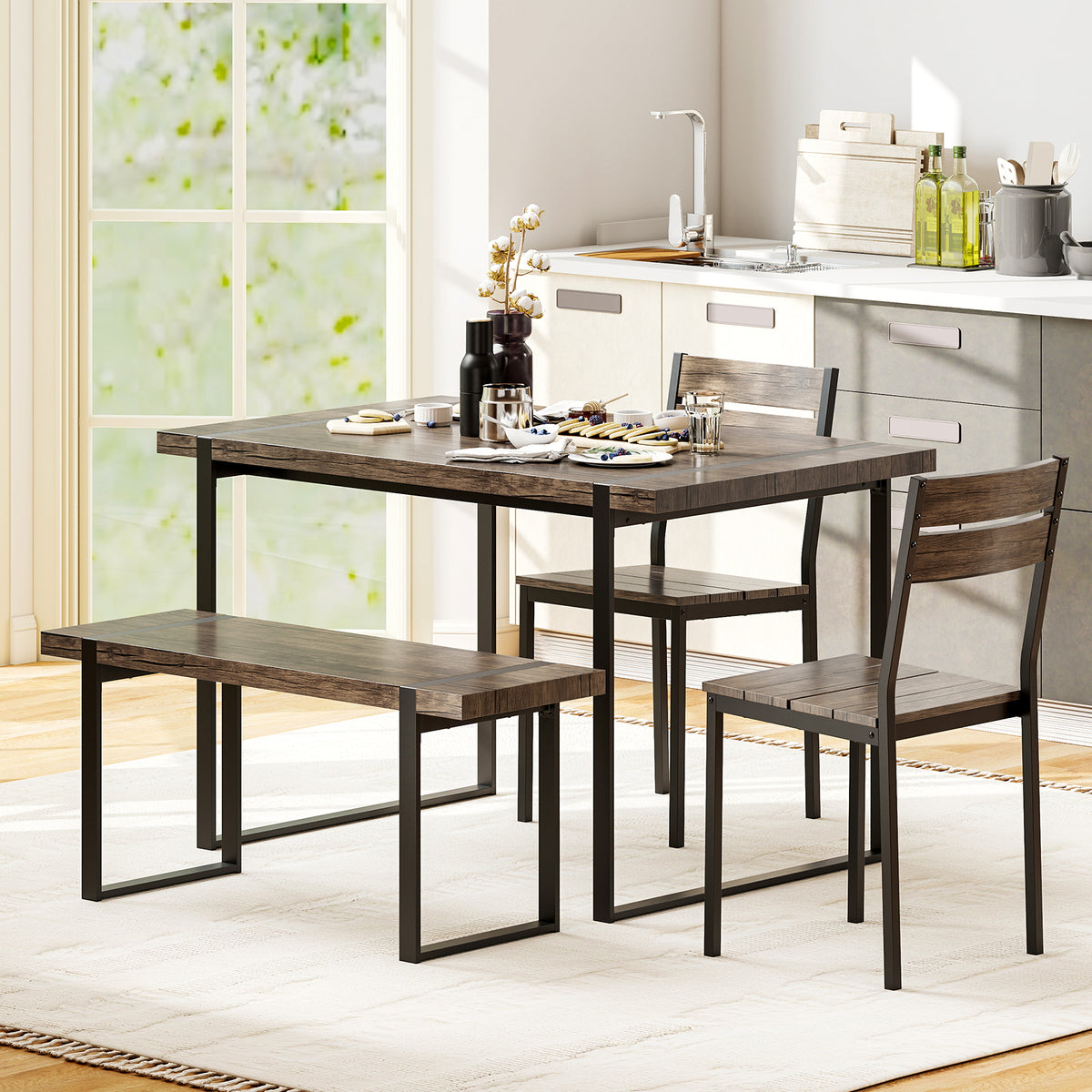 4-Piece Dining Table Set with Bench and 2 Chairs - Gray