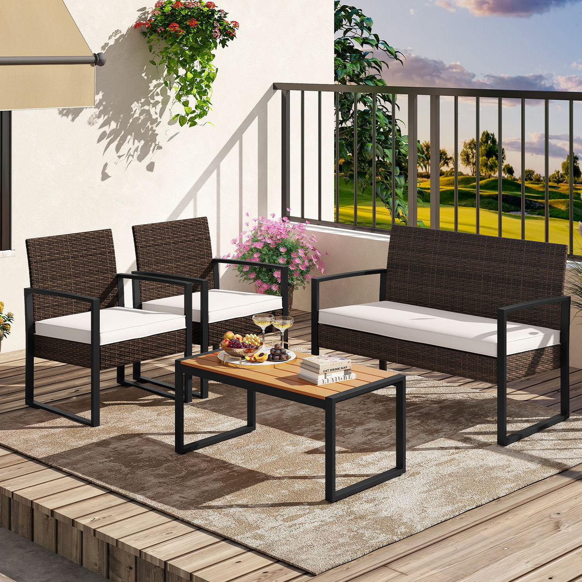 4-Piece Patio Conversation Set with Cushioned Seating & Coffee Table
