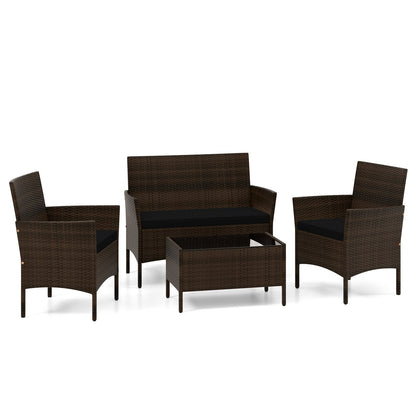 4 Piece Patio Rattan Conversation Set with Cozy Seat Cushions