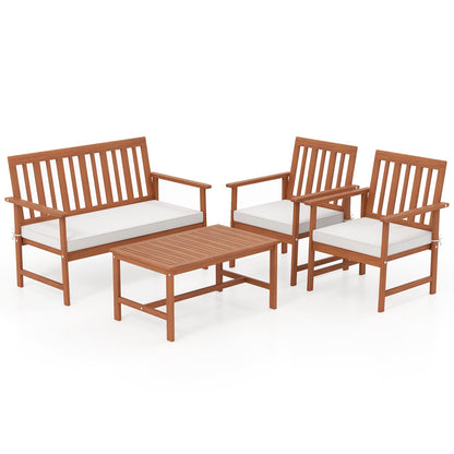 4 Pieces Acacia Wood Furniture Set with Seat Cushions and Robust Wood Frame-White