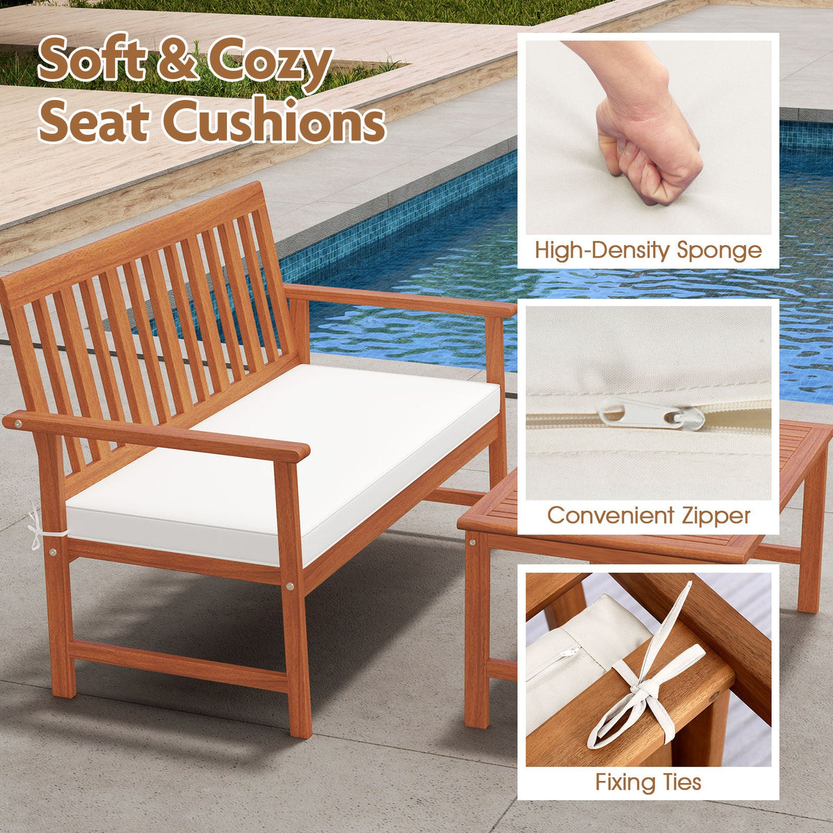 4 Pieces Acacia Wood Furniture Set with Seat Cushions and Robust Wood Frame-White