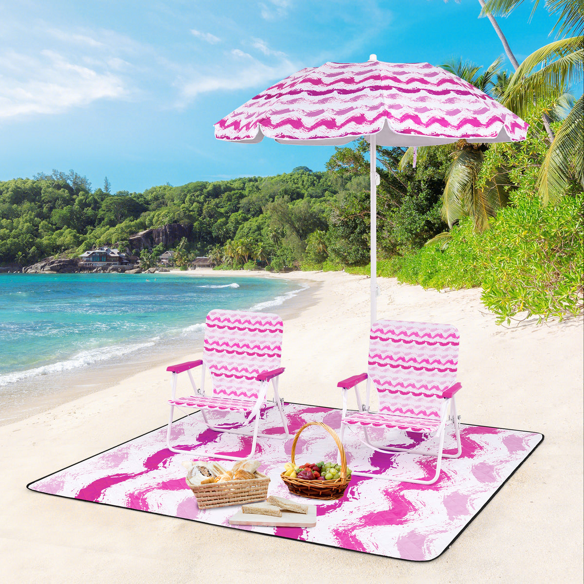 Beach Umbrella Set with 2 Chairs and Picnic Blanket