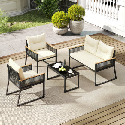4 Pieces Patio Furniture Set Outdoor Conversation Set with Tempered Glass Coffee Table-Black