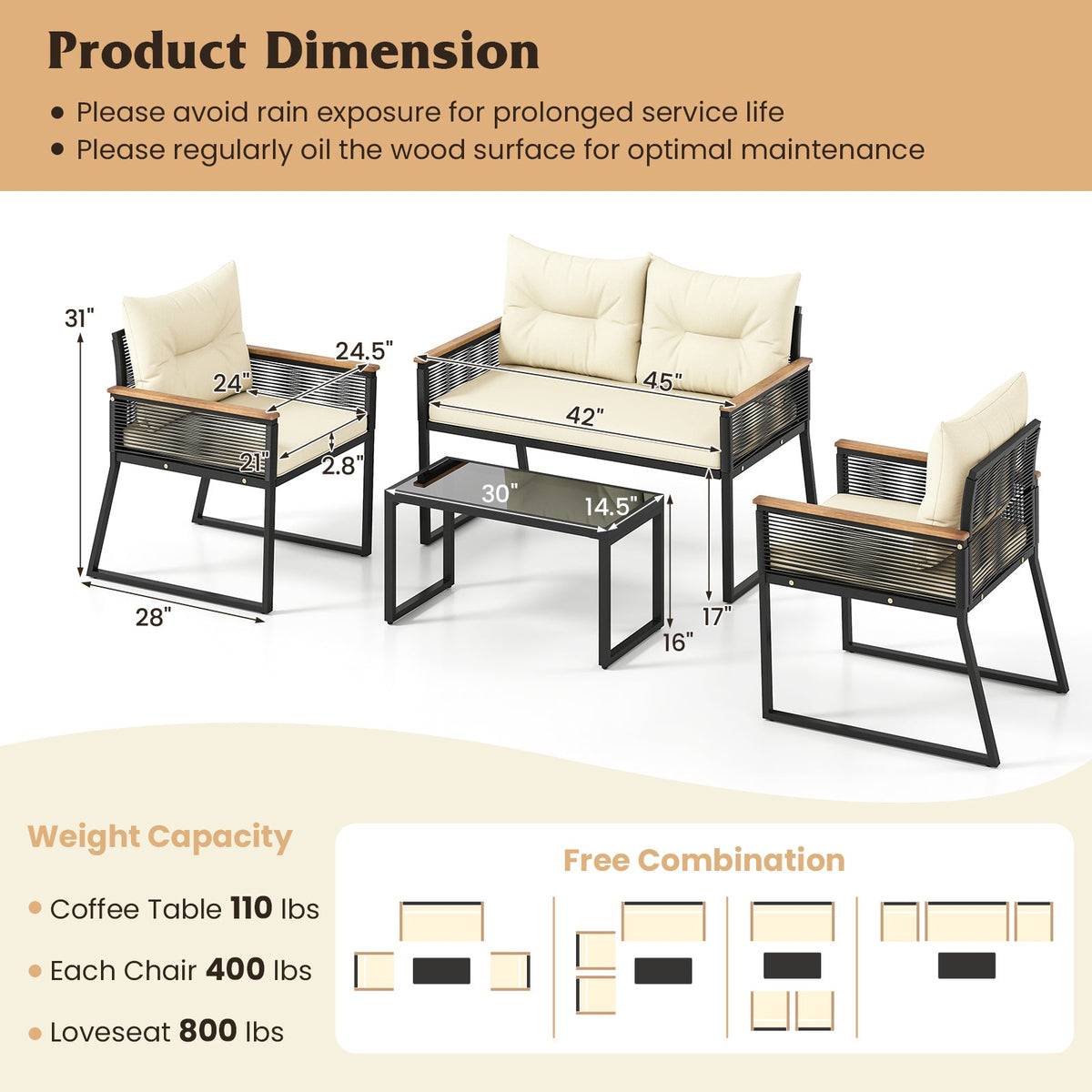 4 Pieces Patio Furniture Set Outdoor Conversation Set with Tempered Glass Coffee Table-Black