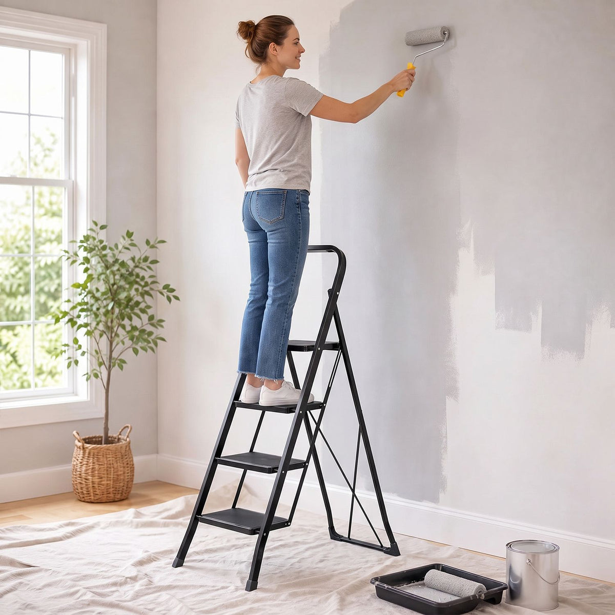 3 Step Ladder Folding Step Stool with Handrail and Wide Anti-Slip Pedals