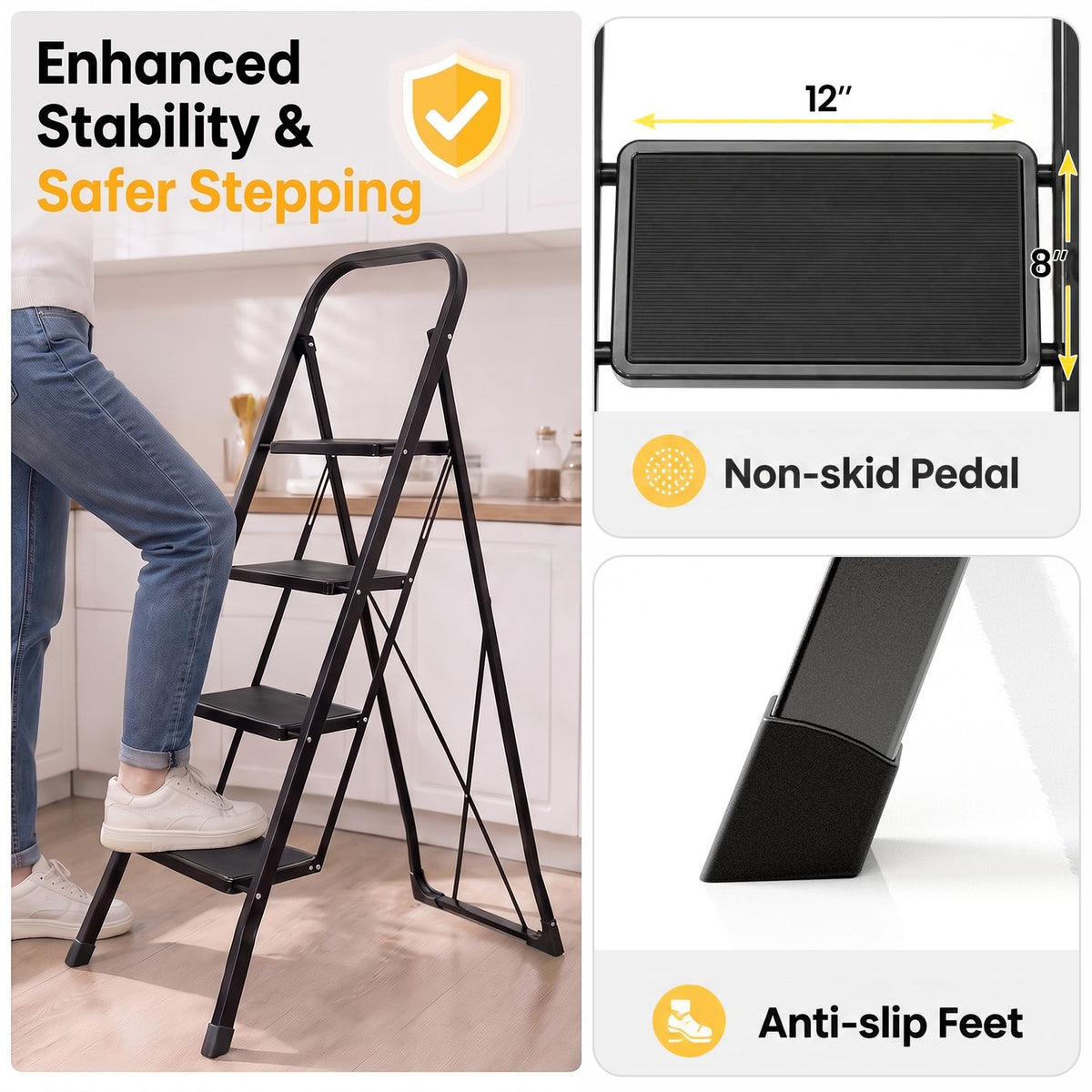 3 Step Ladder Folding Step Stool with Handrail and Wide Anti-Slip Pedals