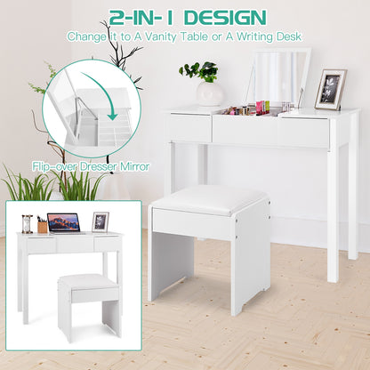 Makeup Vanity Table Set with Flip Top Mirror and Cushioned Stool