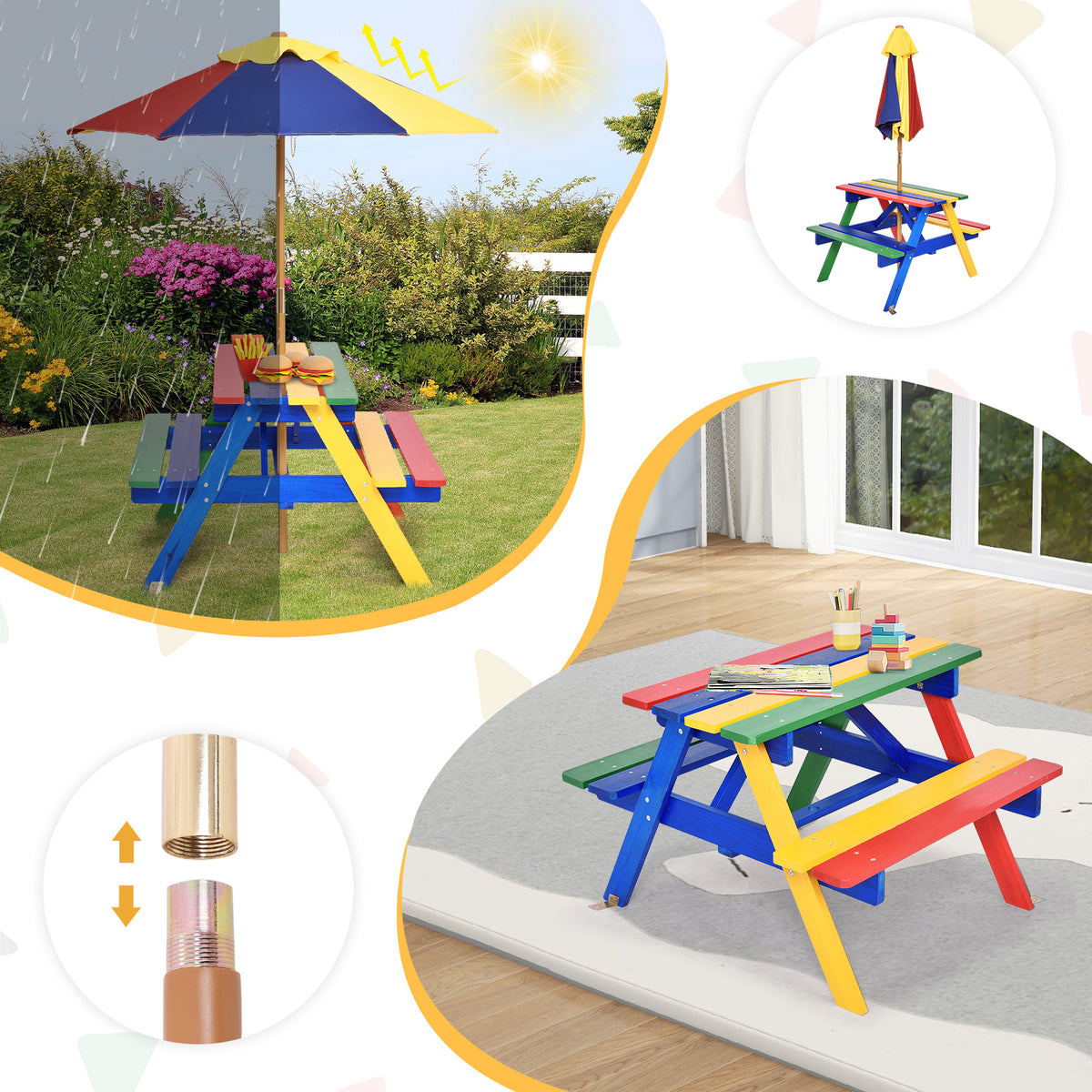 Kids Picnic Table with Umbrella - 4 Seat Outdoor Bench Set