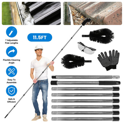 11.5FT Gutter Cleaning Brush With Telescoping Handle Rain Gutter Cleaner Extendable Gutter Cleaning Tool From The Ground with 2 Angled Brushes Anti-sl