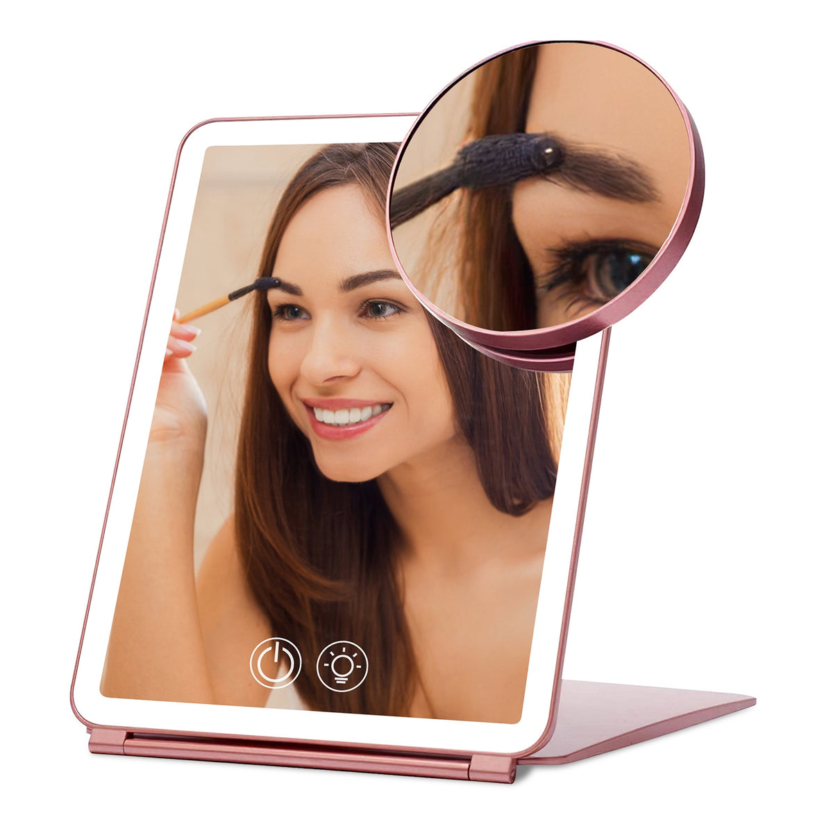 Folding Travel Makeup Mirror With 10X Magnifying Mirror 3 Color LED Lights Dimmable Brightness Rechargeable Battery Tabletop Portable Cosmetic Mirror
