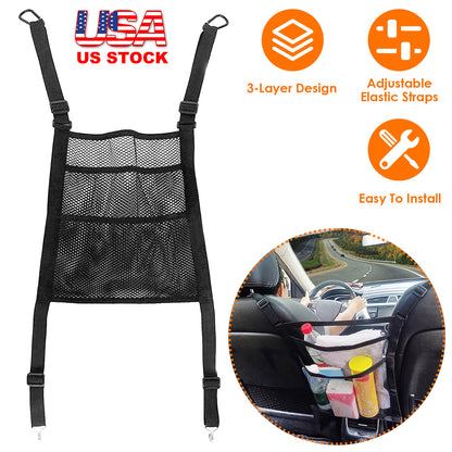 Car Mesh Organizer 3-Layer Seat Back Storage Net with Pet Barrier