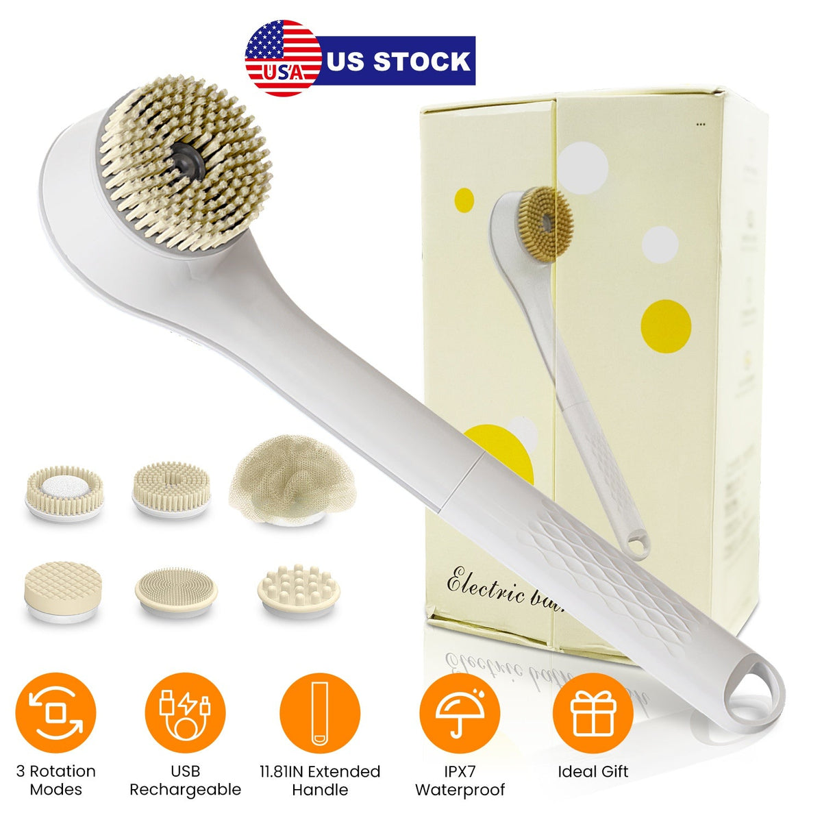 Electric Bath Brush Body Scrubber Rechargeable Massaging Spin Brush with 6 Shower Brush Heads 3 Rotating Modes Extended Handle