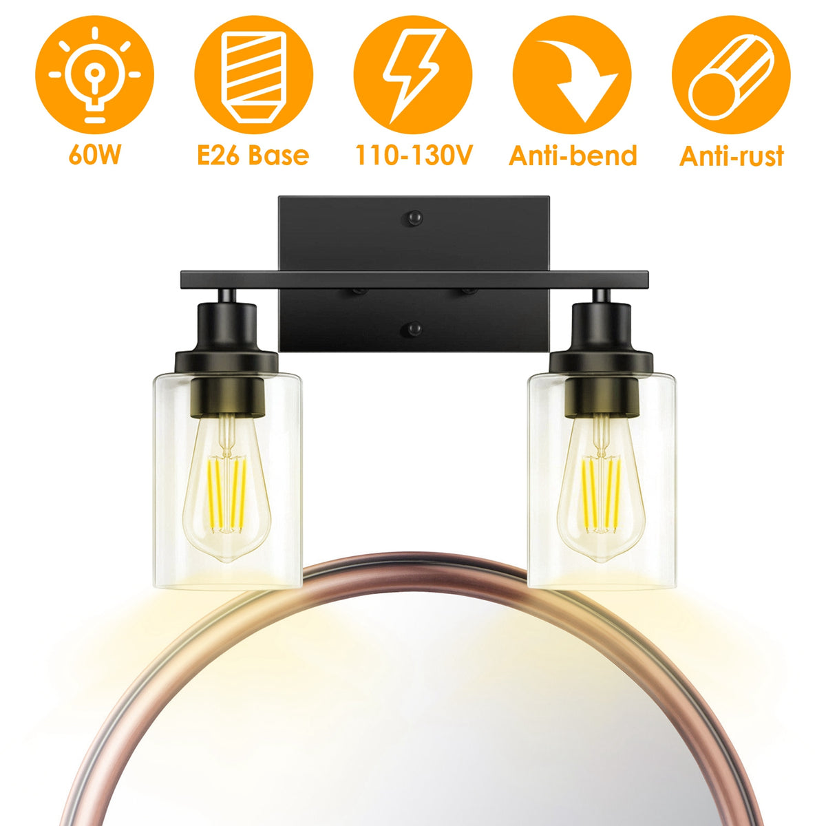 2 Light Wall Sconce Lighting with Clear Glass Shade Bathroom Vanity Lamp Fixture Modern Mounted Light for Porch Mirror Living Room Bedroom Hallway