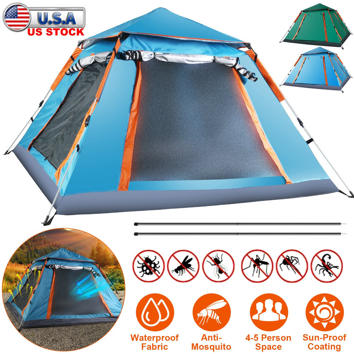 4-5 Person Camping Tent with Mosquito Net Windows