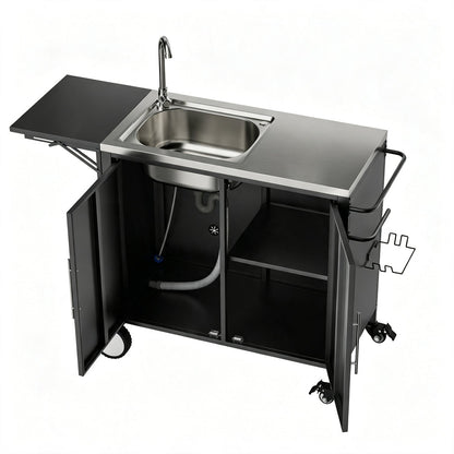 Outdoor Grill Cart with Sink, Storage & Fold-Down Side Table