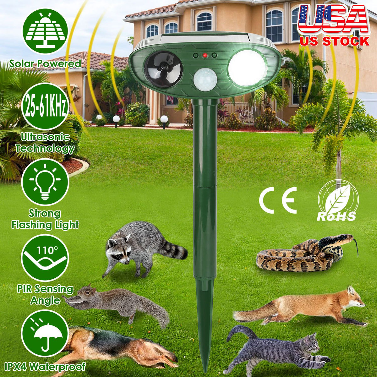 Solar Ultrasonic Animal Repeller with Motion Sensor & LED Light