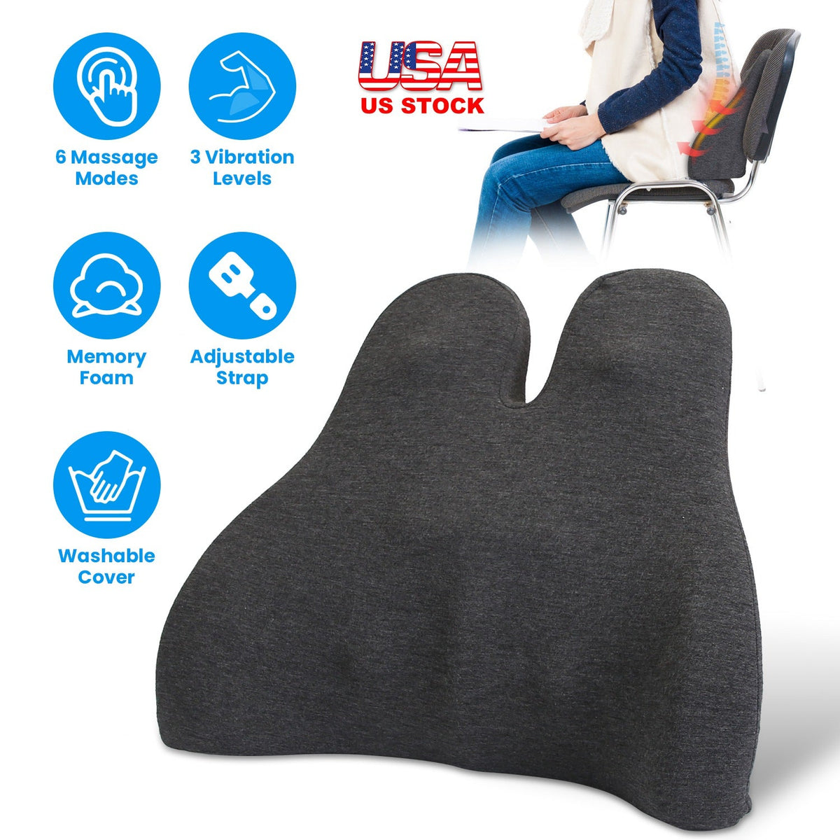 Lumbar Support Pillow For Office Chair Car Seat Home Dining Chair Soft Memory Foam Back Support Cushion With Vibration Washable Cover Elastic Strap Ba