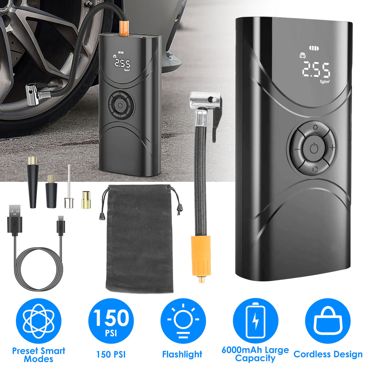 Portable Tire Inflator 150 PSI Wireless Air Compressor 6000mAh