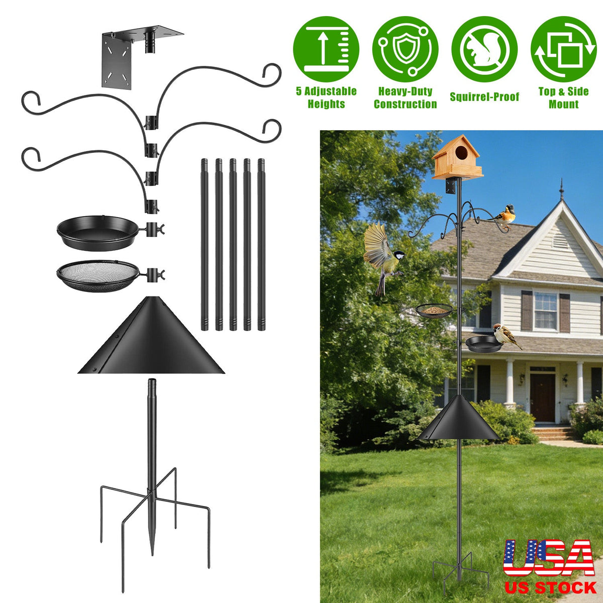 94Inch Squirrel Proof Bird Feeder Pole Heavy-Duty Bird House Pole Outdoor Bird Feeding Station with 5 Adjustable Heights 4 Shepherd Hooks Top & Side