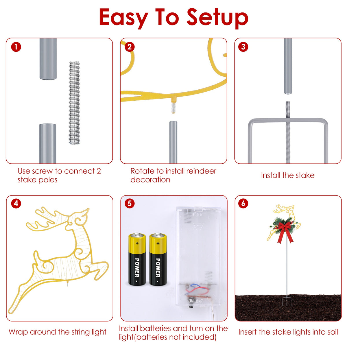 Christmas Reindeer Pathway Stake Lights with LED String (2-Pack)