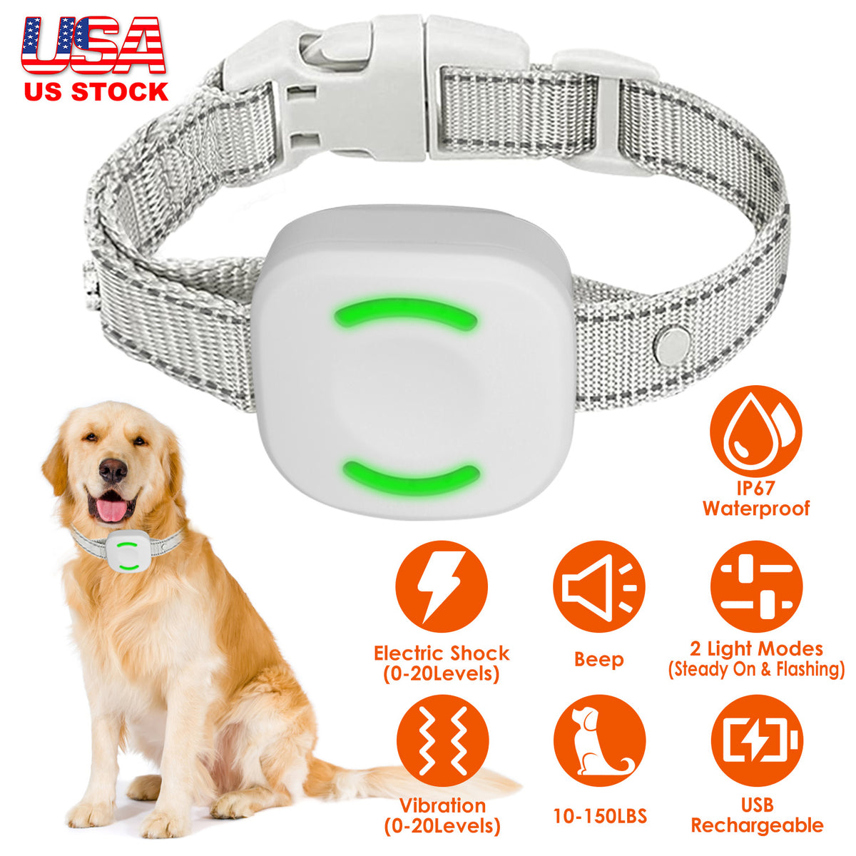 IP67 Waterproof Electric Dog Training Collar Rechargeable Dog Receiver with Light Beep Vibration Shock Fit for All Dogs 
