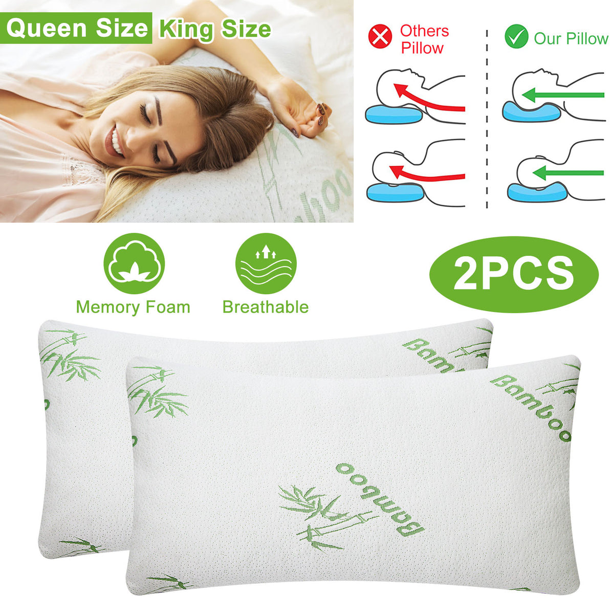 Memory Foam Pillow Set with Bamboo Cover - Queen Size (2-Pack)