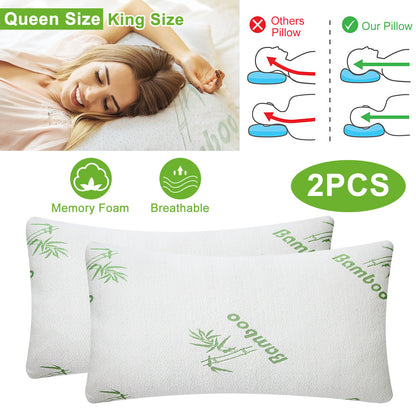 Memory Foam Pillow Set with Bamboo Cover - Queen Size (2-Pack)