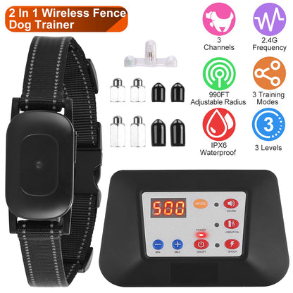 Wireless Dog Fence & Training Collar System 990FT Range