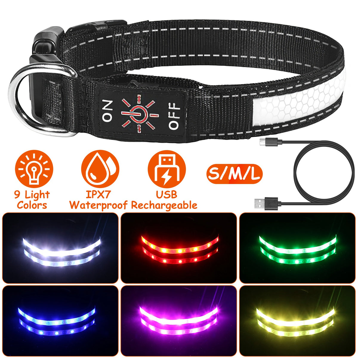 LED Dog Collar with 9 Light Colors - USB Rechargeable Waterproof