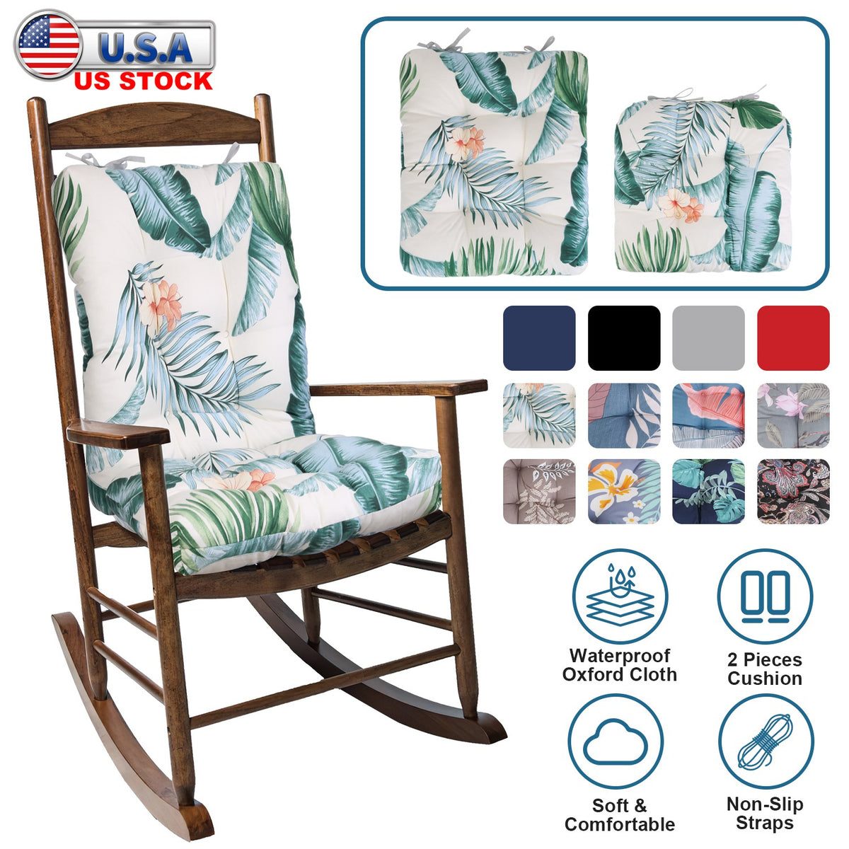 Rocking Chair Cushion Set with Non-Slip Ties - 2 Piece