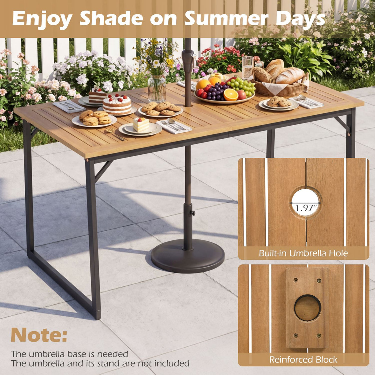 53" Acacia Wood Patio Dining Table with 1.97" Umbrella Hole for 6