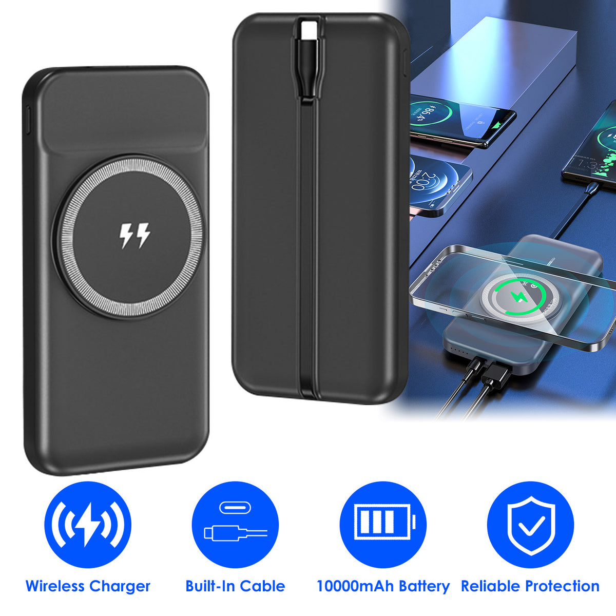 10000mAh Magnetic Wireless Power Bank with Built-In Cable