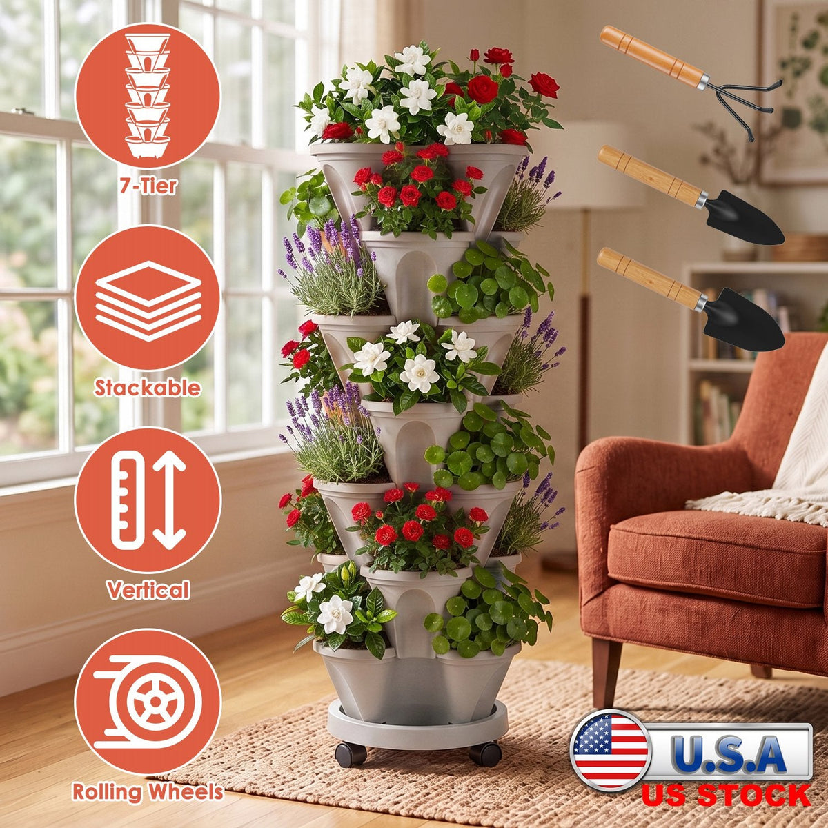 7-Tier Stackable Vertical Planter with Wheels and Drainage