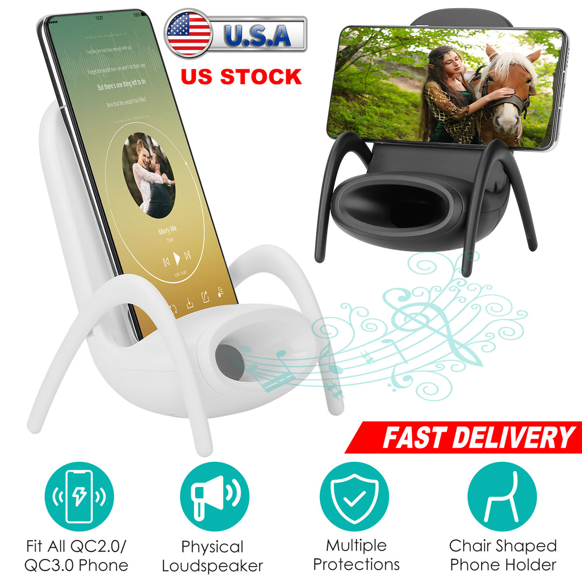 Wireless Charger Phone Stand with Speaker - Mini Chair Design
