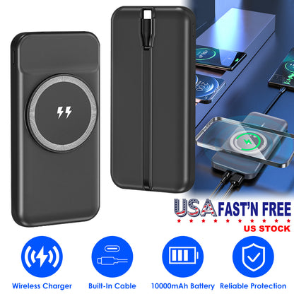 10000mAh Magnetic Wireless Power Bank with Built-In Cable