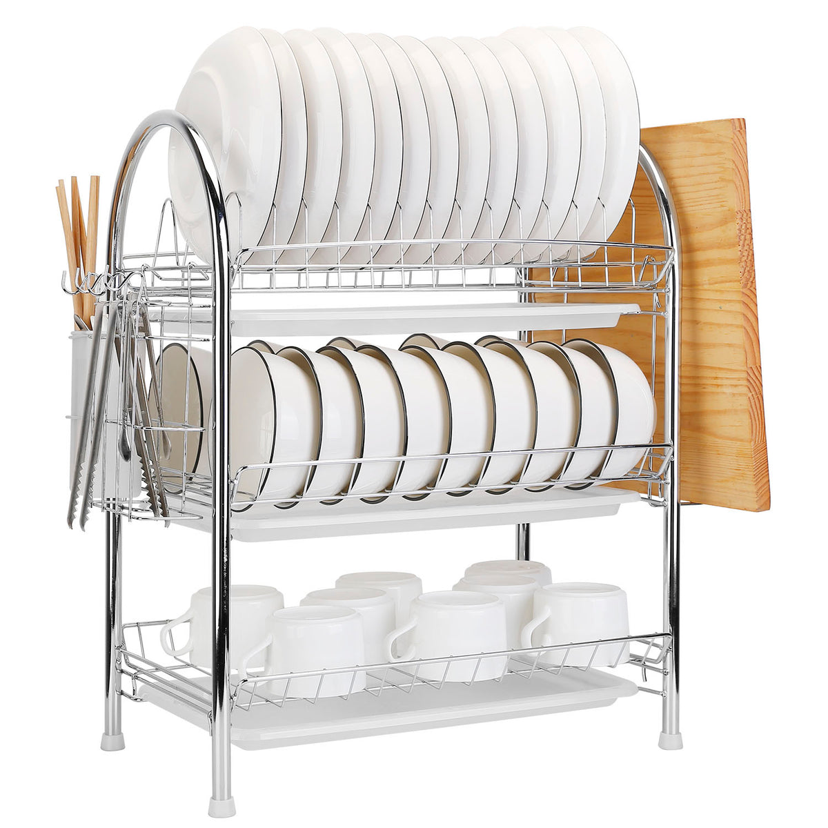 3-Tier Dish Drying Rack with Utensil Holder & Drain Trays