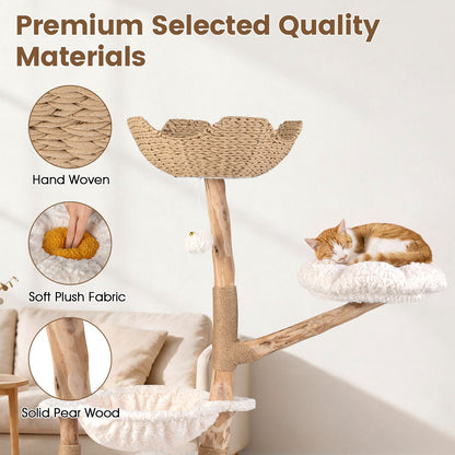58 Inch Tall Solid Wood Cat Tree with 2 Flower Platforms and Hammocks-White