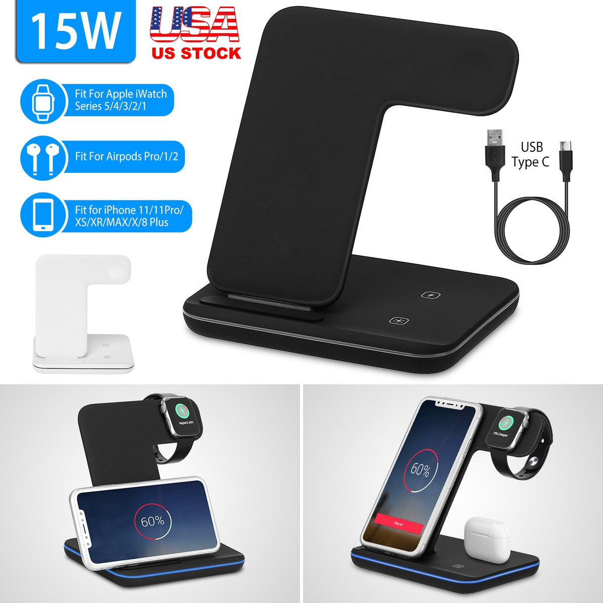 3-in-1 Wireless Charging Station 15W Fast Charge Dock