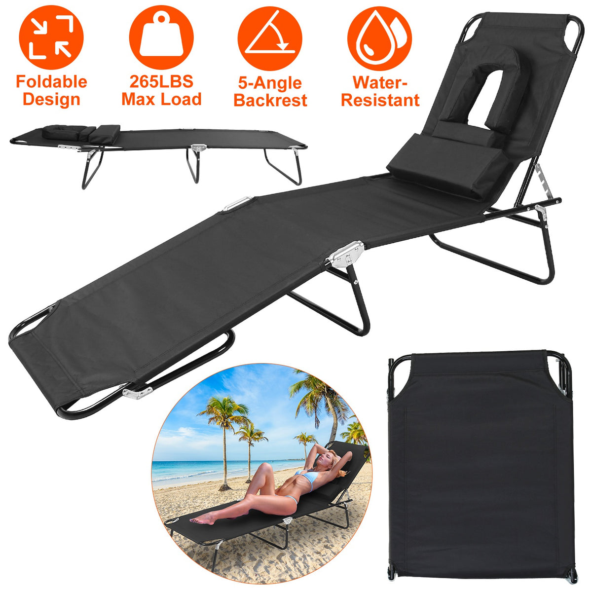 Folding Beach Lounge Chair Face Down Tanning Chaise Sunbathing Recliner 265LBS Max Load with 5-Angle Backrest 3 Removabl