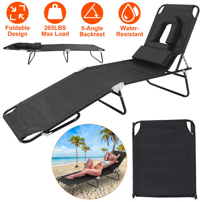 Folding Beach Lounge Chair Face Down Tanning Chaise Sunbathing Recliner 265LBS Max Load with 5-Angle Backrest 3 Removabl