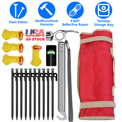 Tent Stakes Kit with Hammer and Reflective Ropes - 10 Stakes