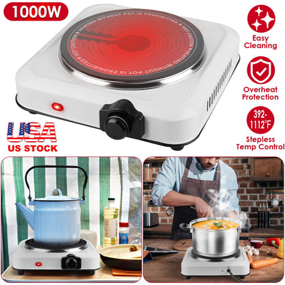 1000W Infrared Single Burner Hot Plate with Glass Cooktop