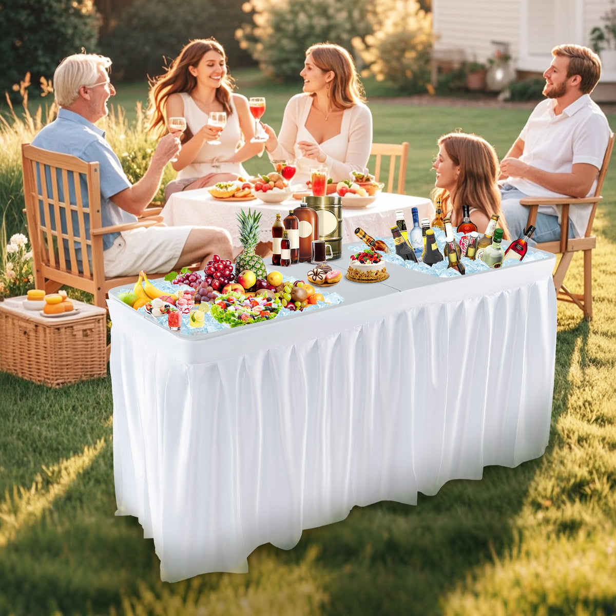 5 FT Folding Ice Cooler Table with Double Sinks for Camping Party Picnic Wedding-White