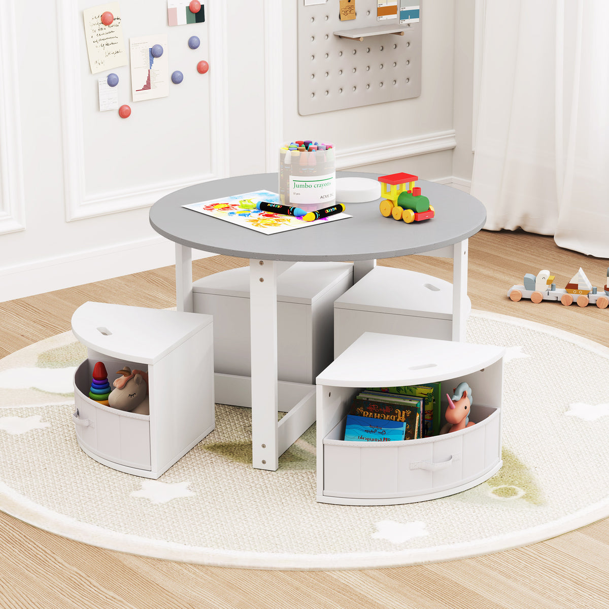 5-Piece Kids Table and Chair Set with Storage Stools